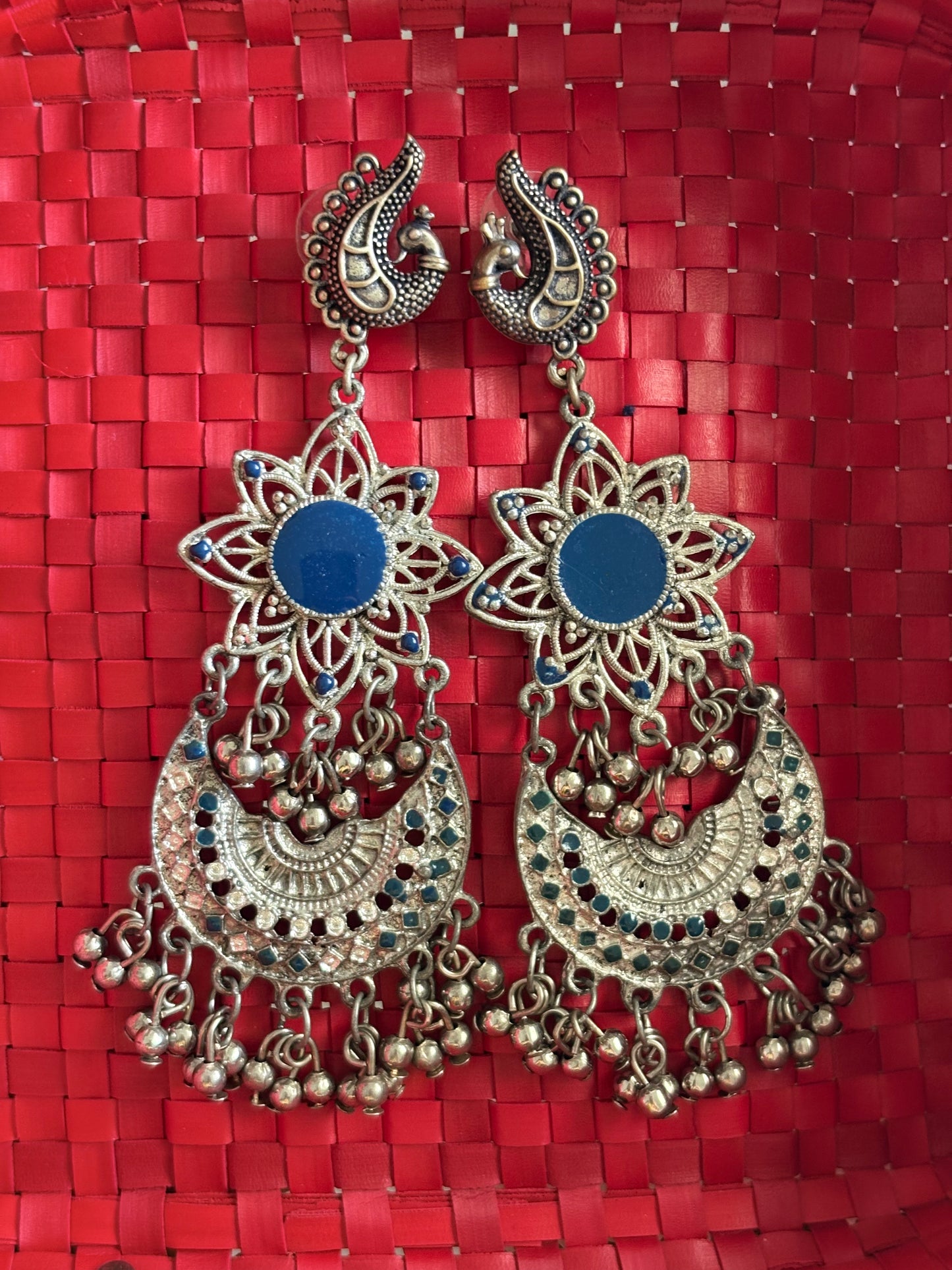 Blue and silver oxidised chandbali earrings