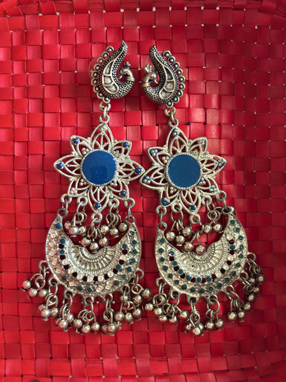 Blue and silver oxidised chandbali earrings