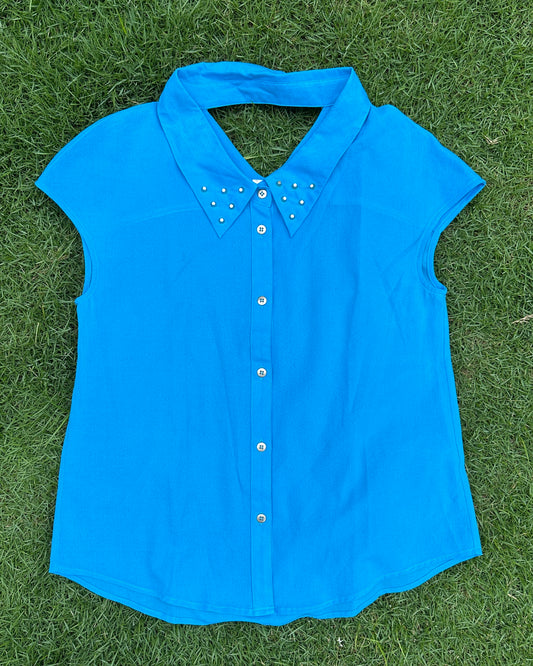 Blue collared top with metal studs