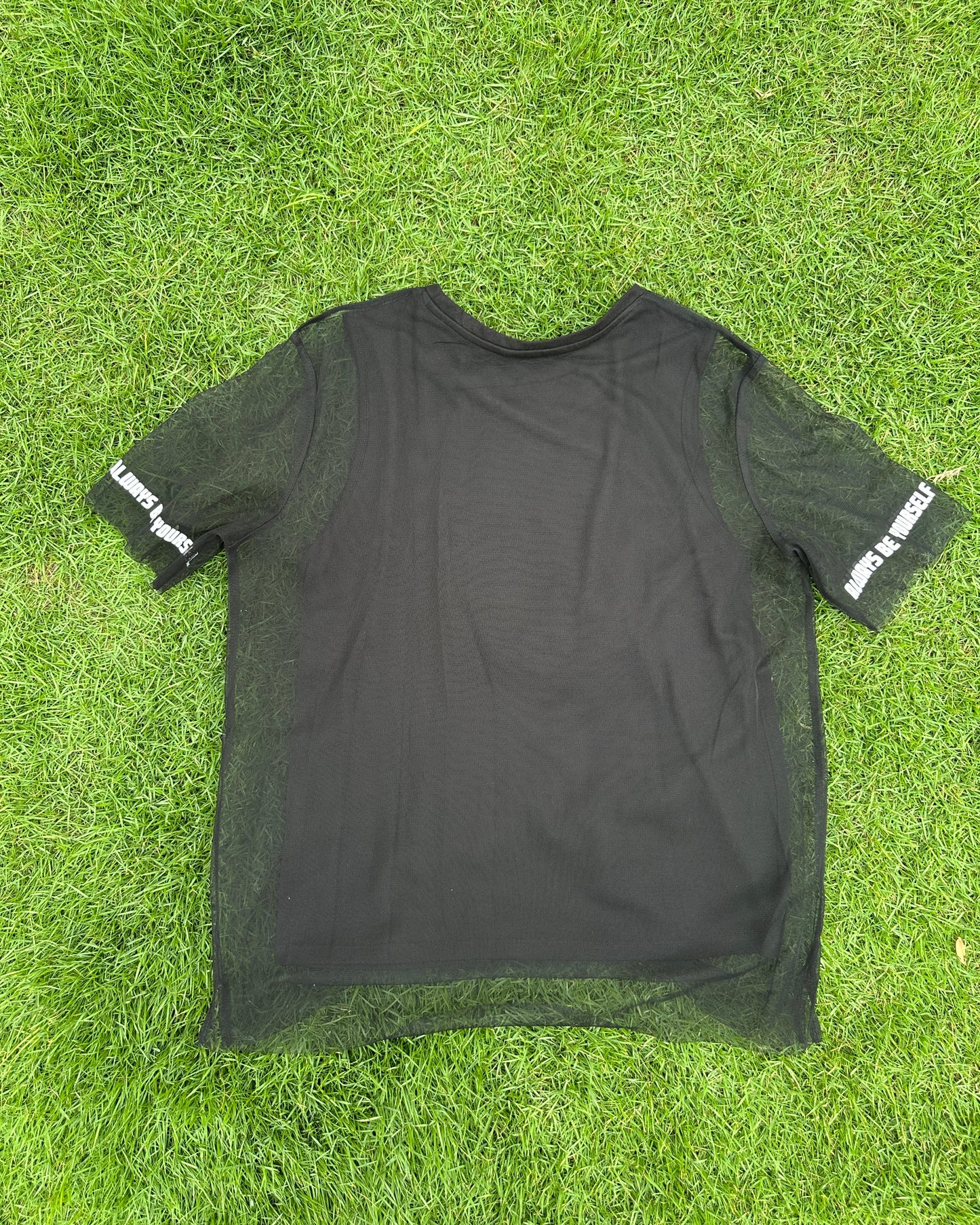 Black sheer mesh top with print