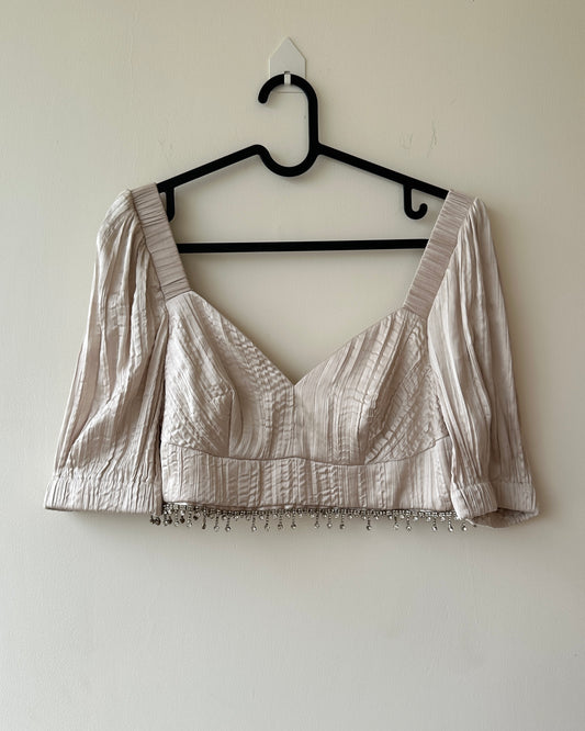 Beige satin crop top with stones
