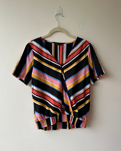Black multicolor striped crossover top