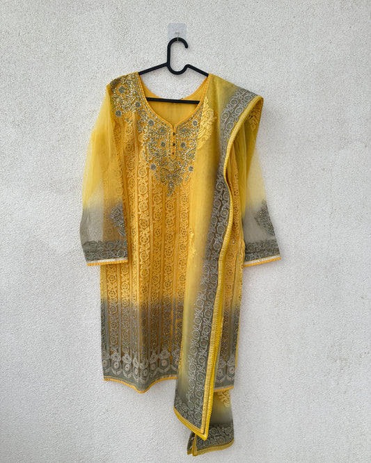 Yellow and grey embroidered cotton kurta and shawl ( 2 pcs)
