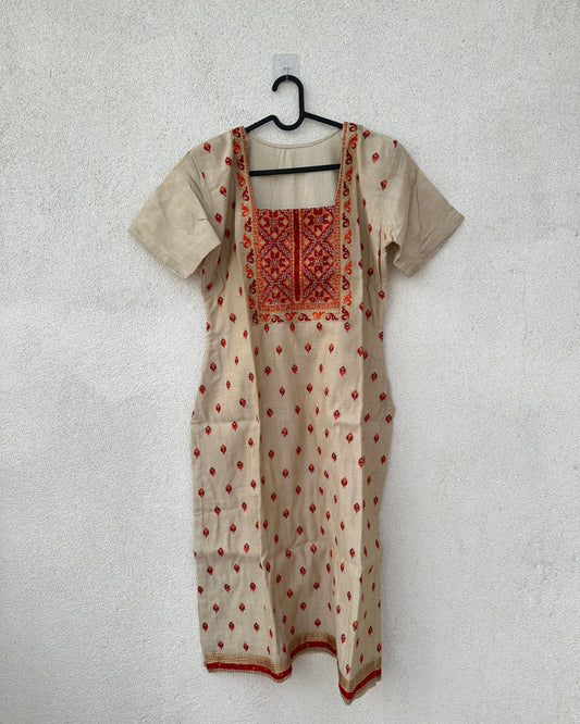 Beige kurta with red embroidery