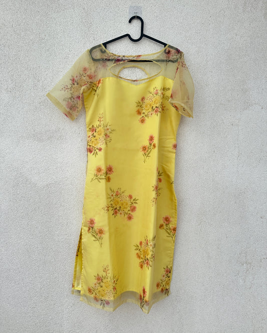 Yellow handpainted organza kurta set