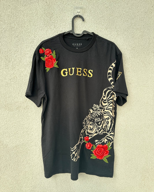 Black T shirt with lion and rose patchwork