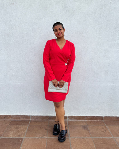 Red blazer dress with pearl button