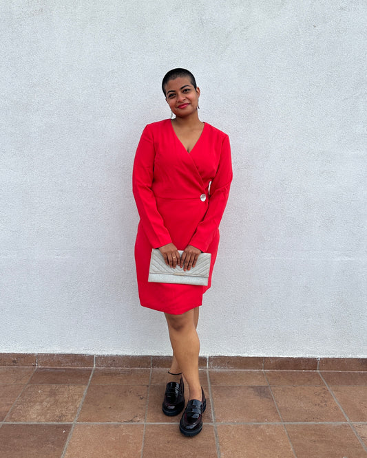 Red blazer dress with pearl button