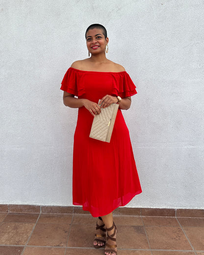 Red dress with off-shoulder frills
