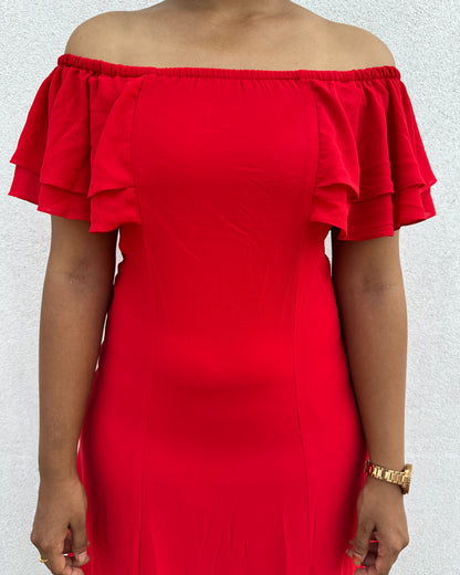 Red dress with off-shoulder frills