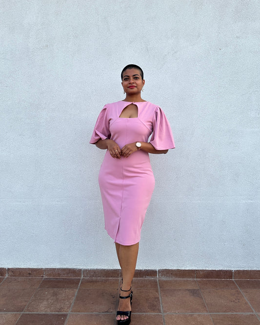 Fitted pink dress with bell sleeves