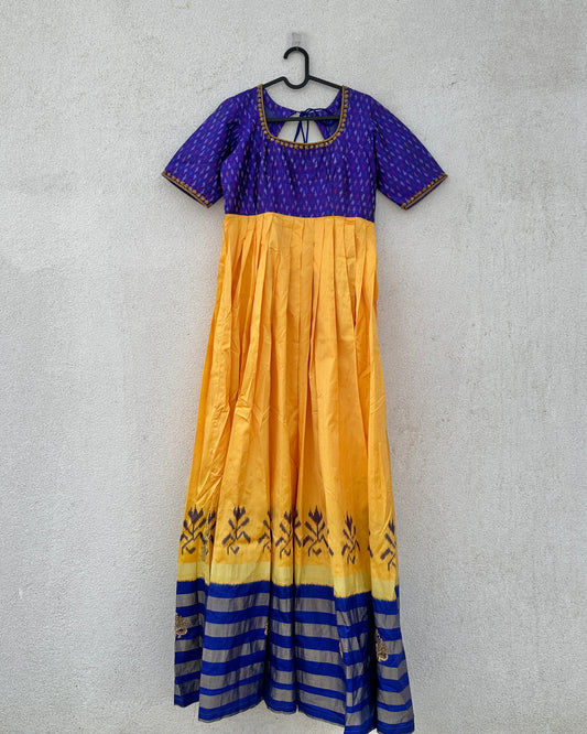 Blue and yellow pleated ikat silk gown with embroidery