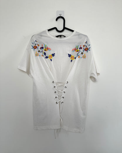 white floral top with string tie up