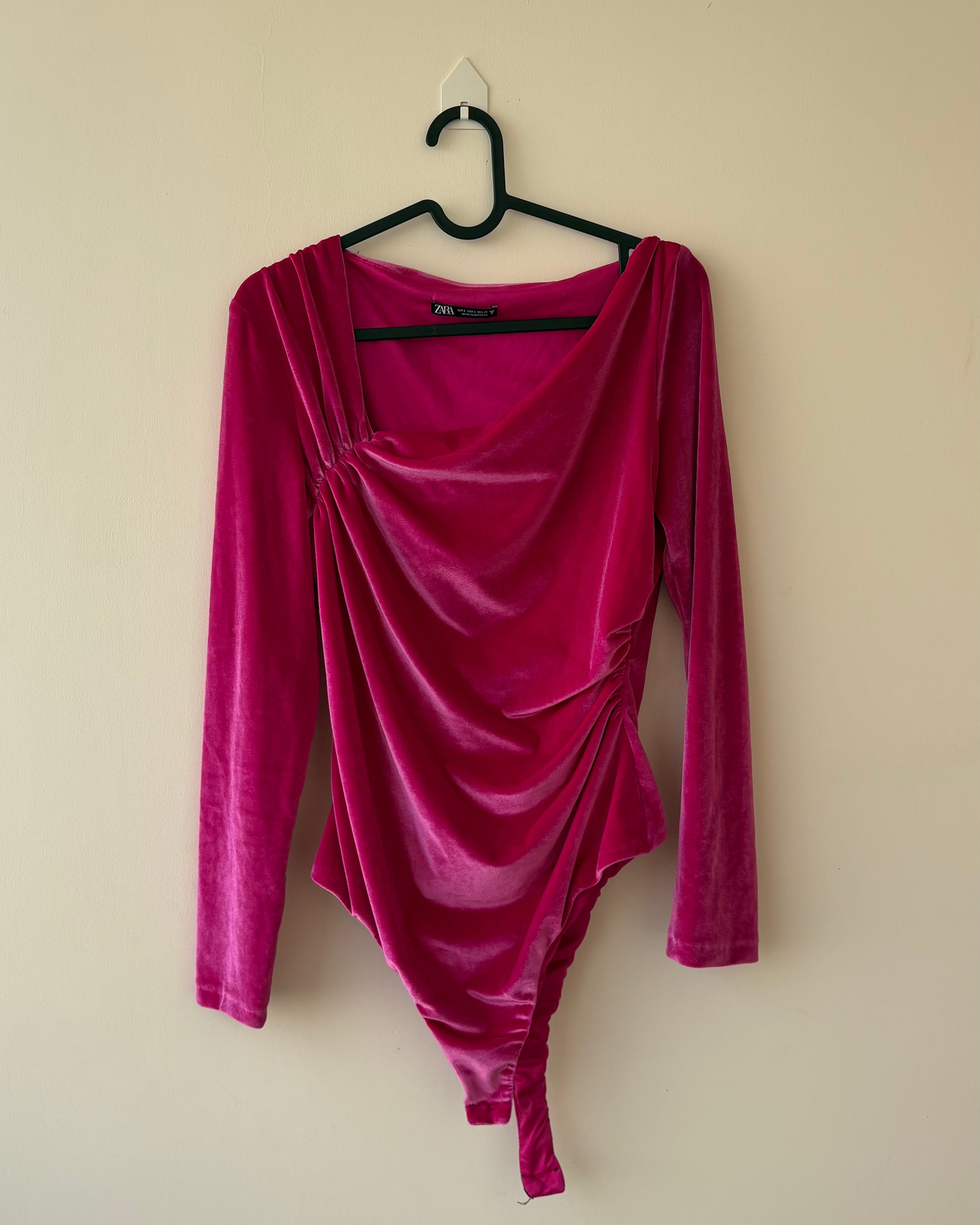 Fuschia pink velvet ruched bodysuit