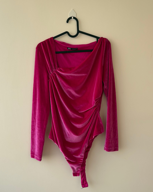 Fuschia pink velvet ruched bodysuit