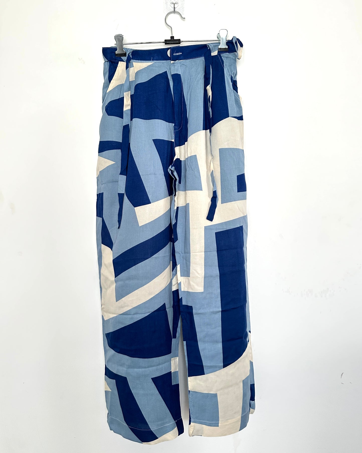 Blue and beige abstract print pants
