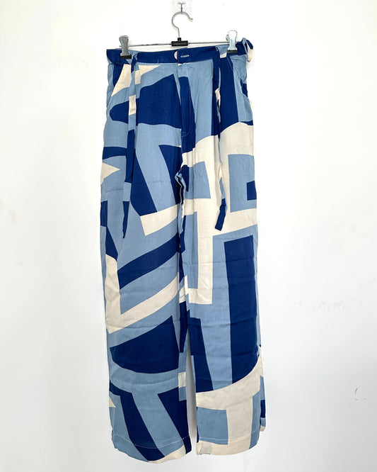 Blue and beige abstract print pants