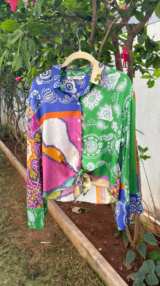 Multicolor printed satin shirt with tie-up