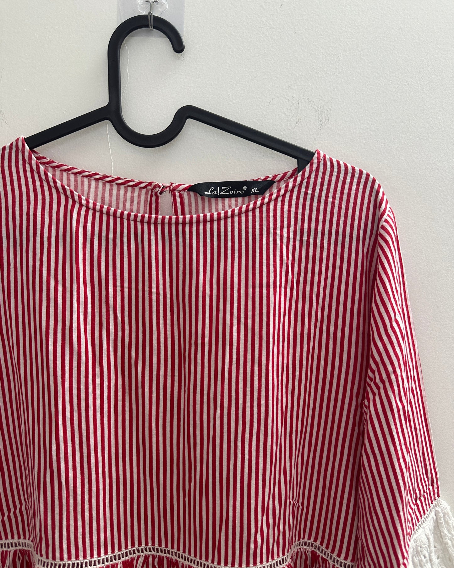Red and white stripe top with schiffili