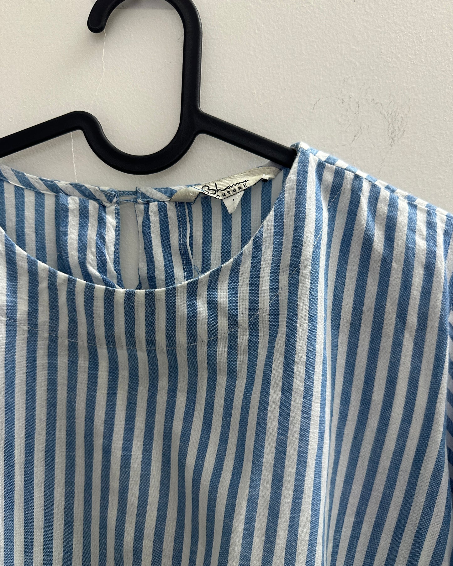 Blue and white strip top with floral embroidery
