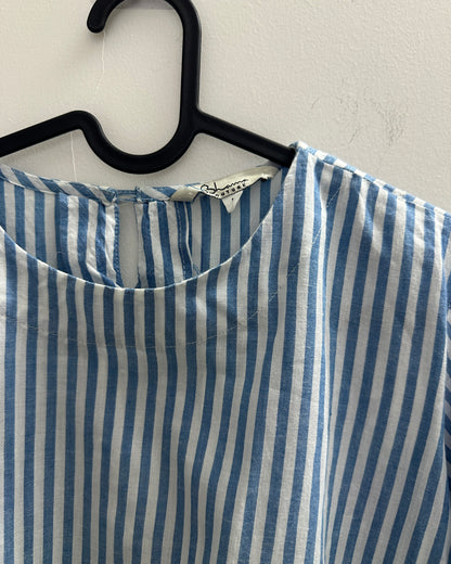 Blue and white strip top with floral embroidery