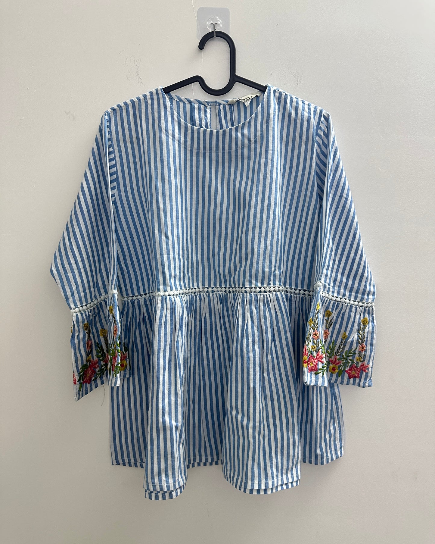 Blue and white strip top with floral embroidery