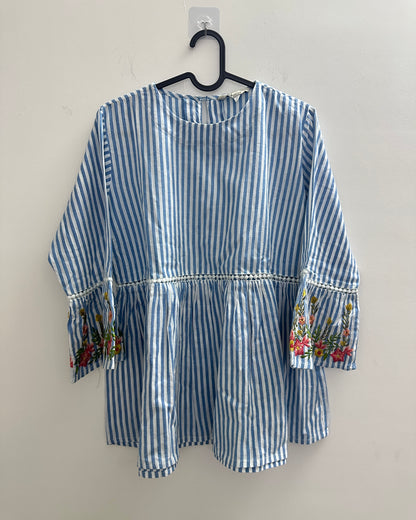 Blue and white strip top with floral embroidery
