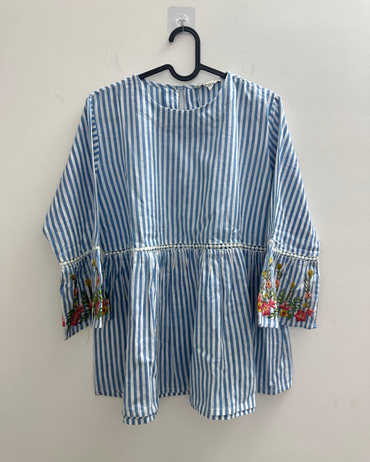 Blue and white strip top with floral embroidery