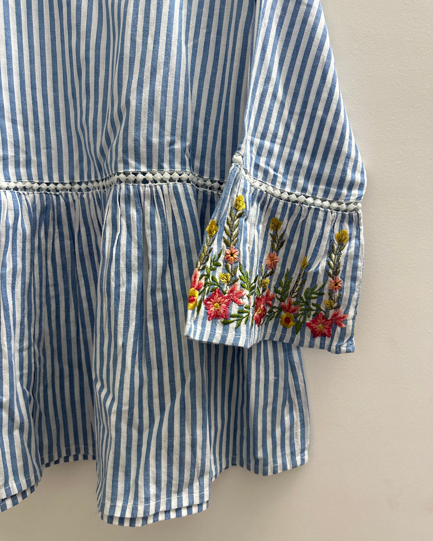 Blue and white strip top with floral embroidery