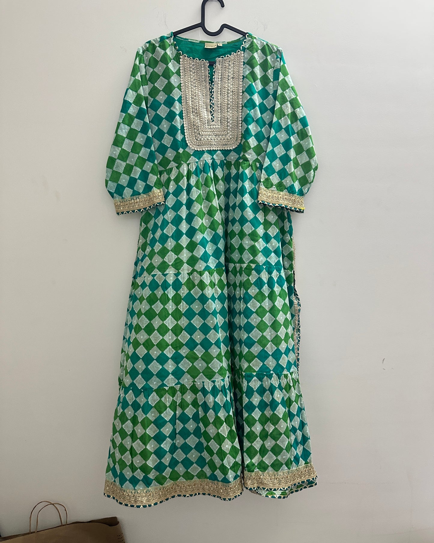 Blue and green festive kurta with gold lace yolk