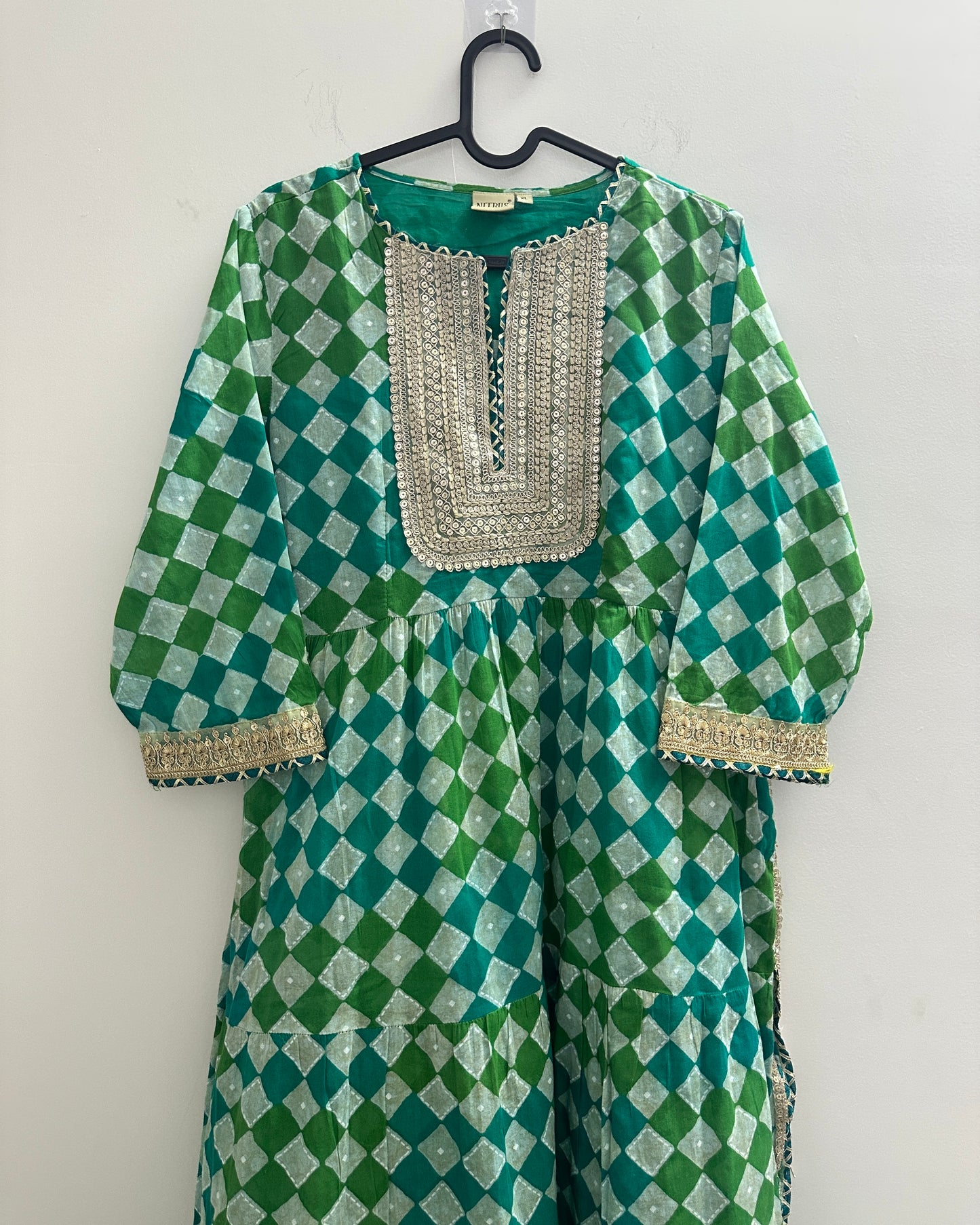 Blue and green festive kurta with gold lace yolk