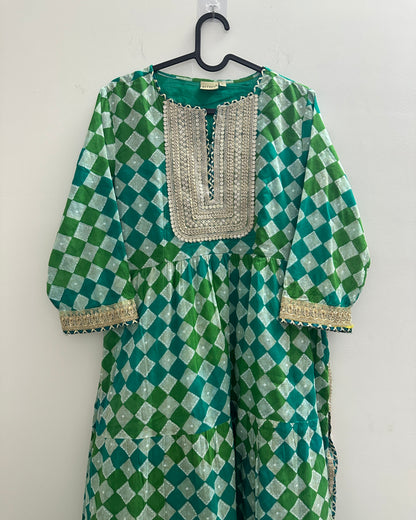 Blue and green festive kurta with gold lace yolk