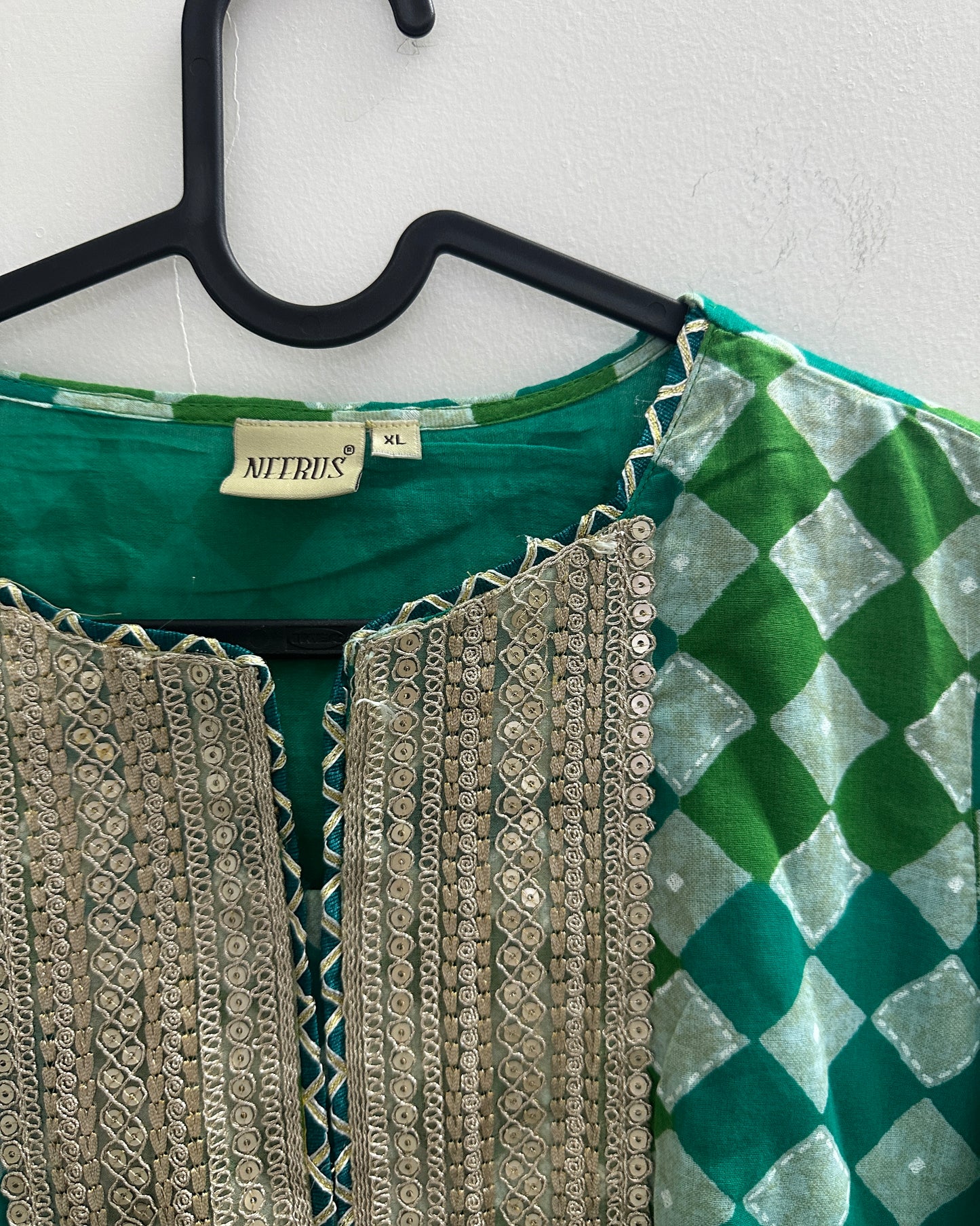 Blue and green festive kurta with gold lace yolk