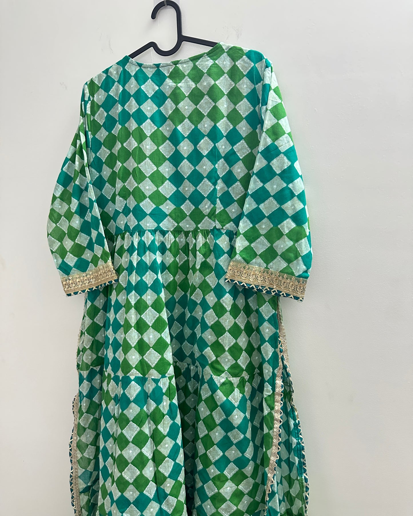 Blue and green festive kurta with gold lace yolk