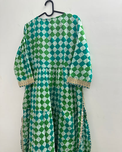 Blue and green festive kurta with gold lace yolk