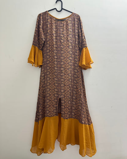 Mustard yellow and brown kurta with front slit , flutter sleeves and trims