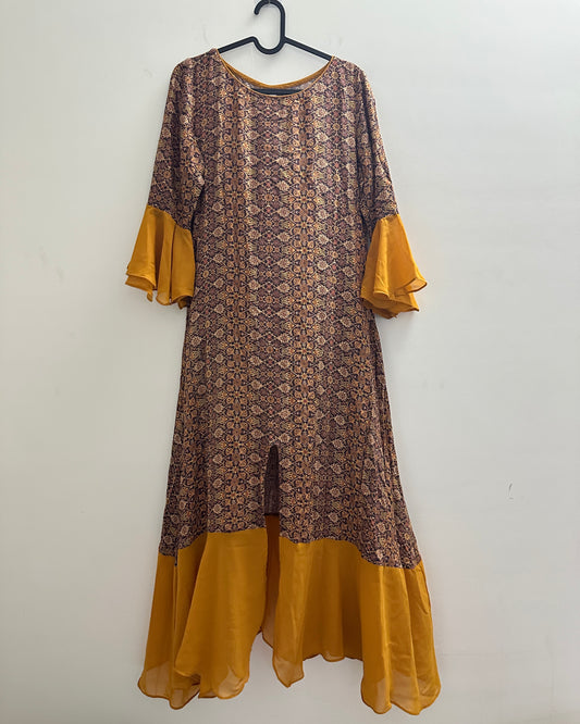 Mustard yellow and brown kurta with front slit , flutter sleeves and trims