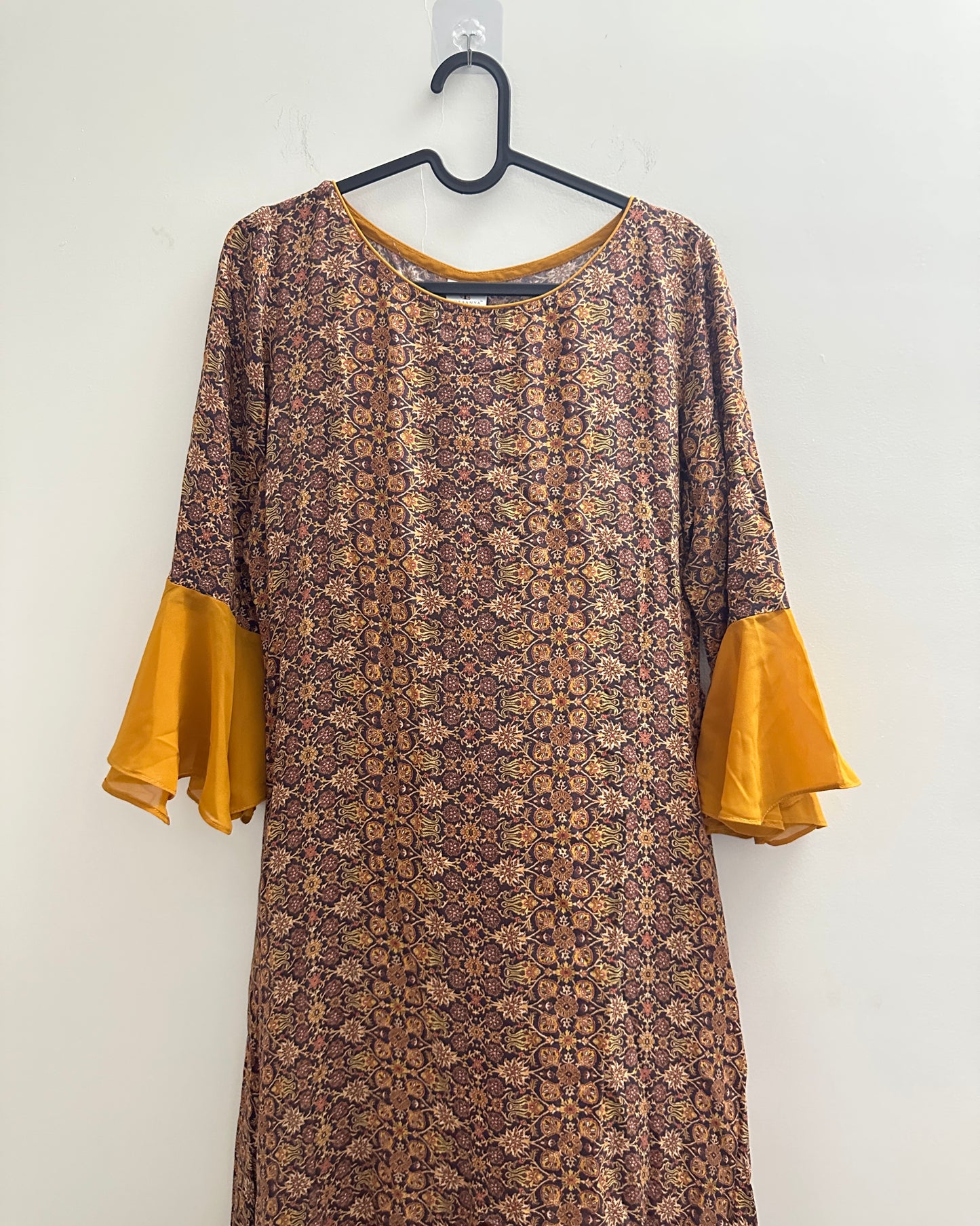 Mustard yellow and brown kurta with front slit , flutter sleeves and trims