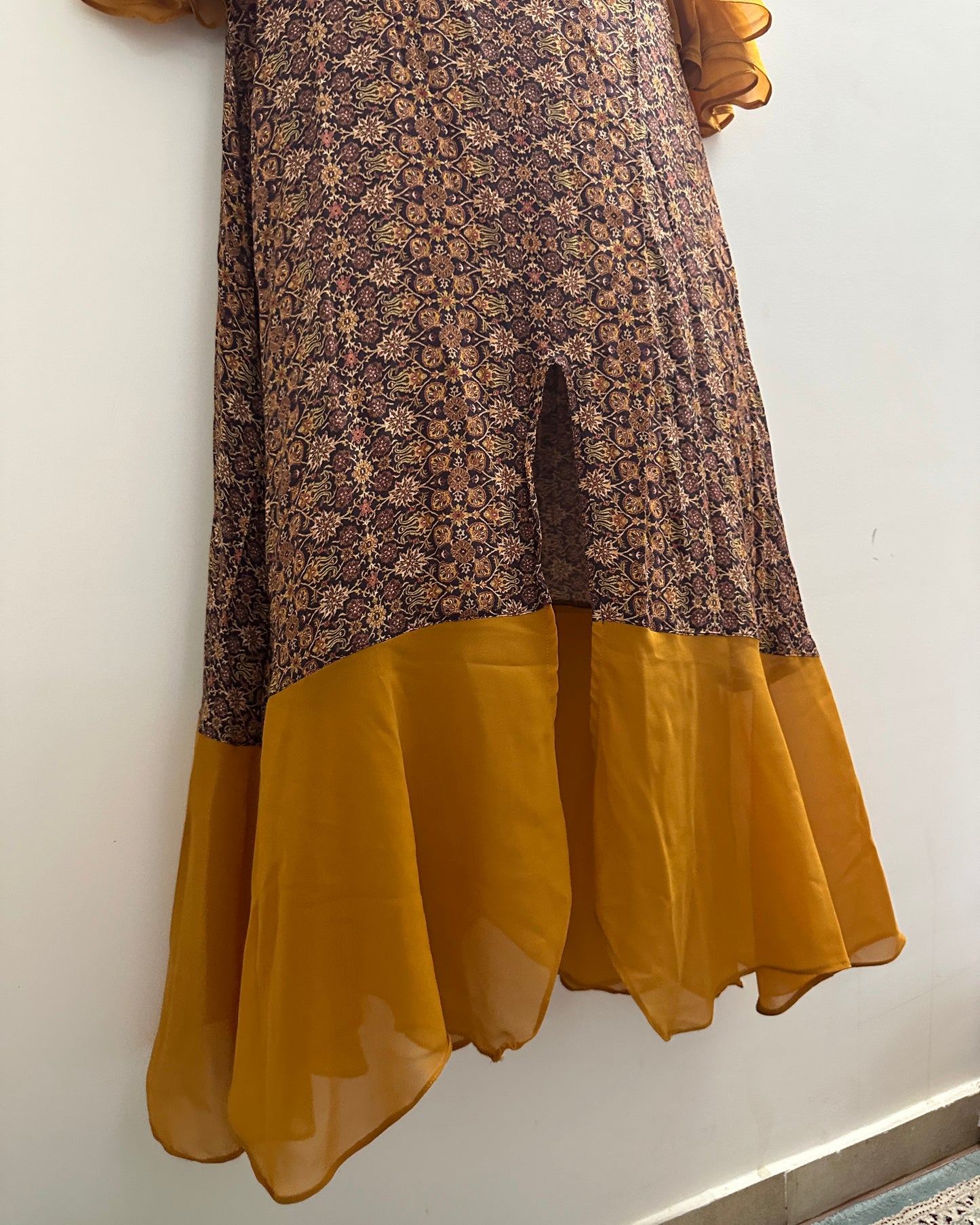 Mustard yellow and brown kurta with front slit , flutter sleeves and trims