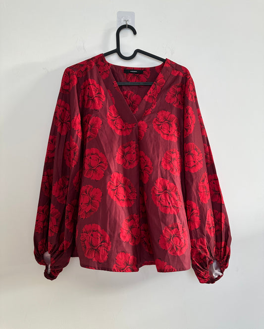 Red and maroon V-neck floral blouse