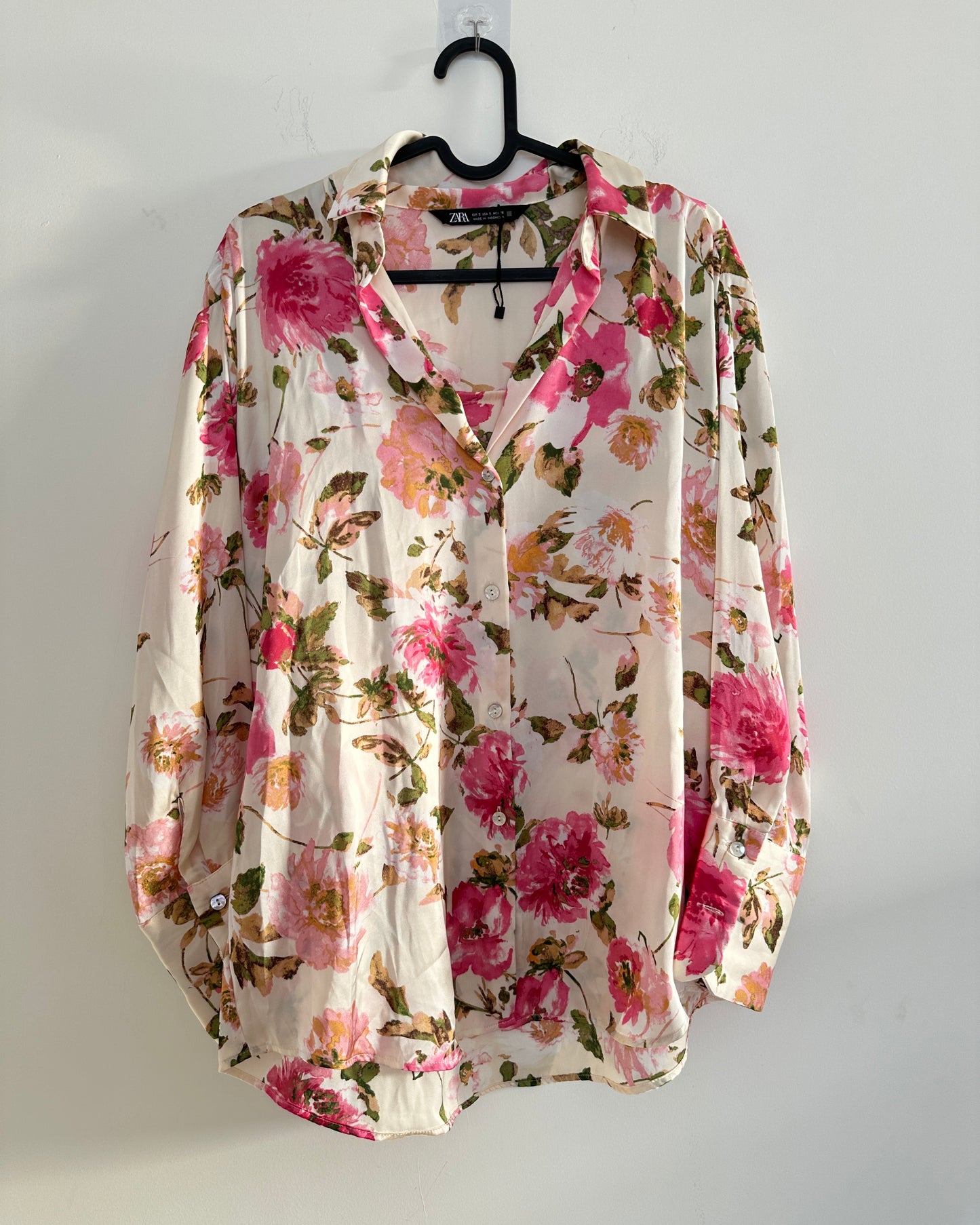 Satin floral print oversized shirt