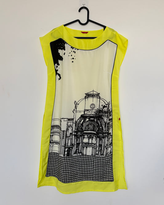 Green and white kurta with landscape print