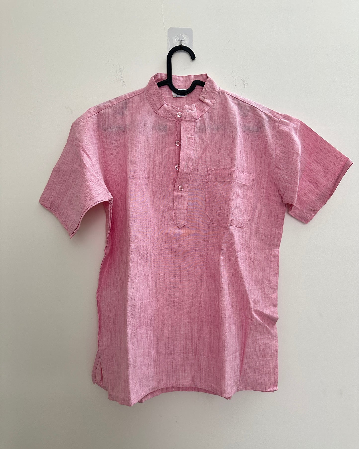 Baby pink cotton shirt with mandarin collar and chest pocket