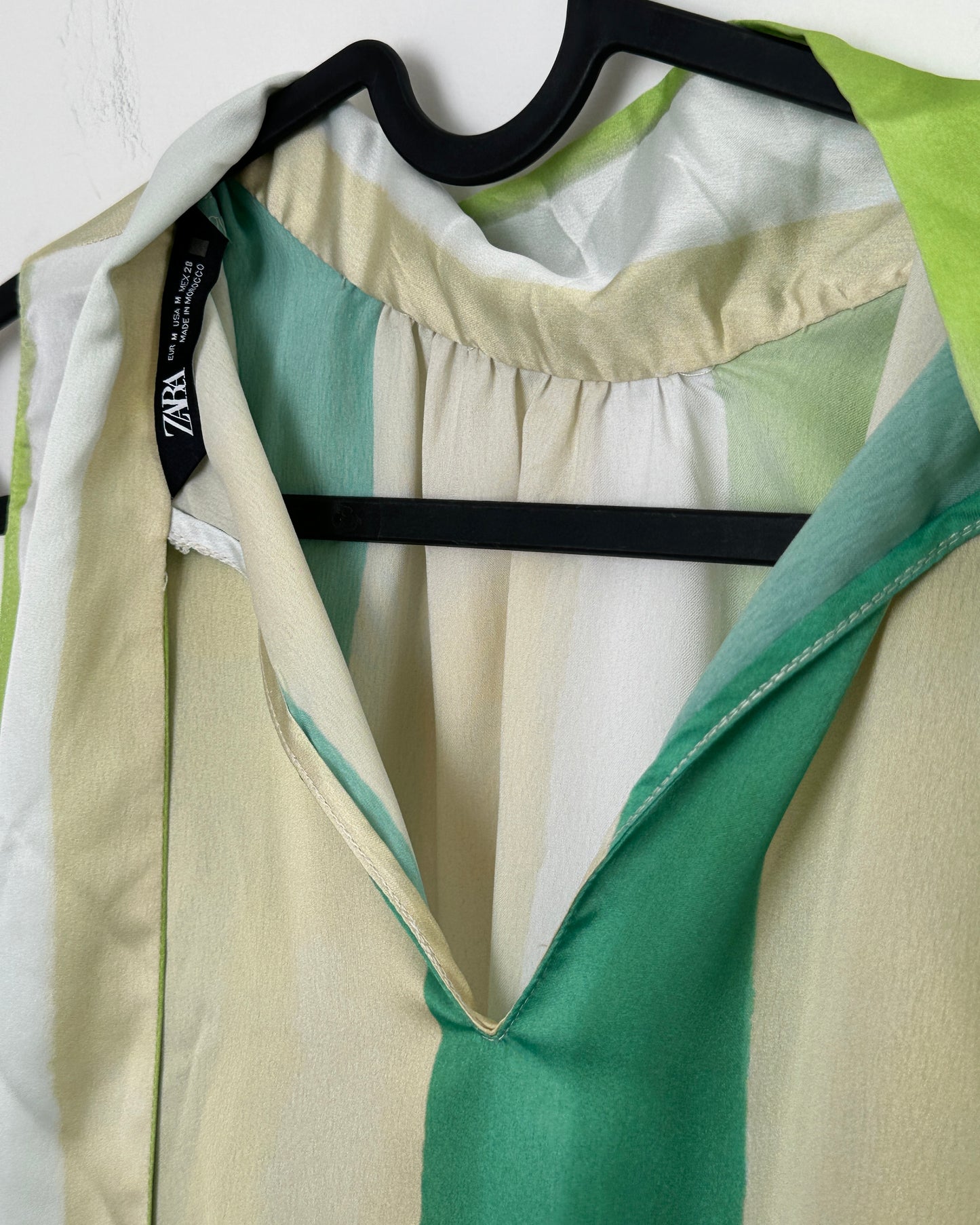 High neck printed satin shirt with green stripes