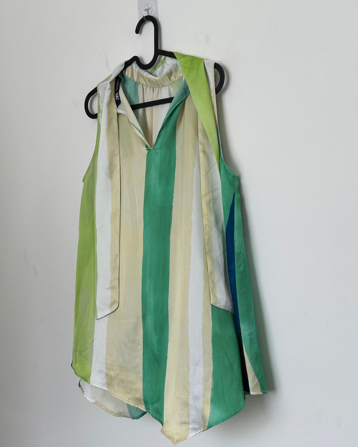 High neck printed satin shirt with green stripes