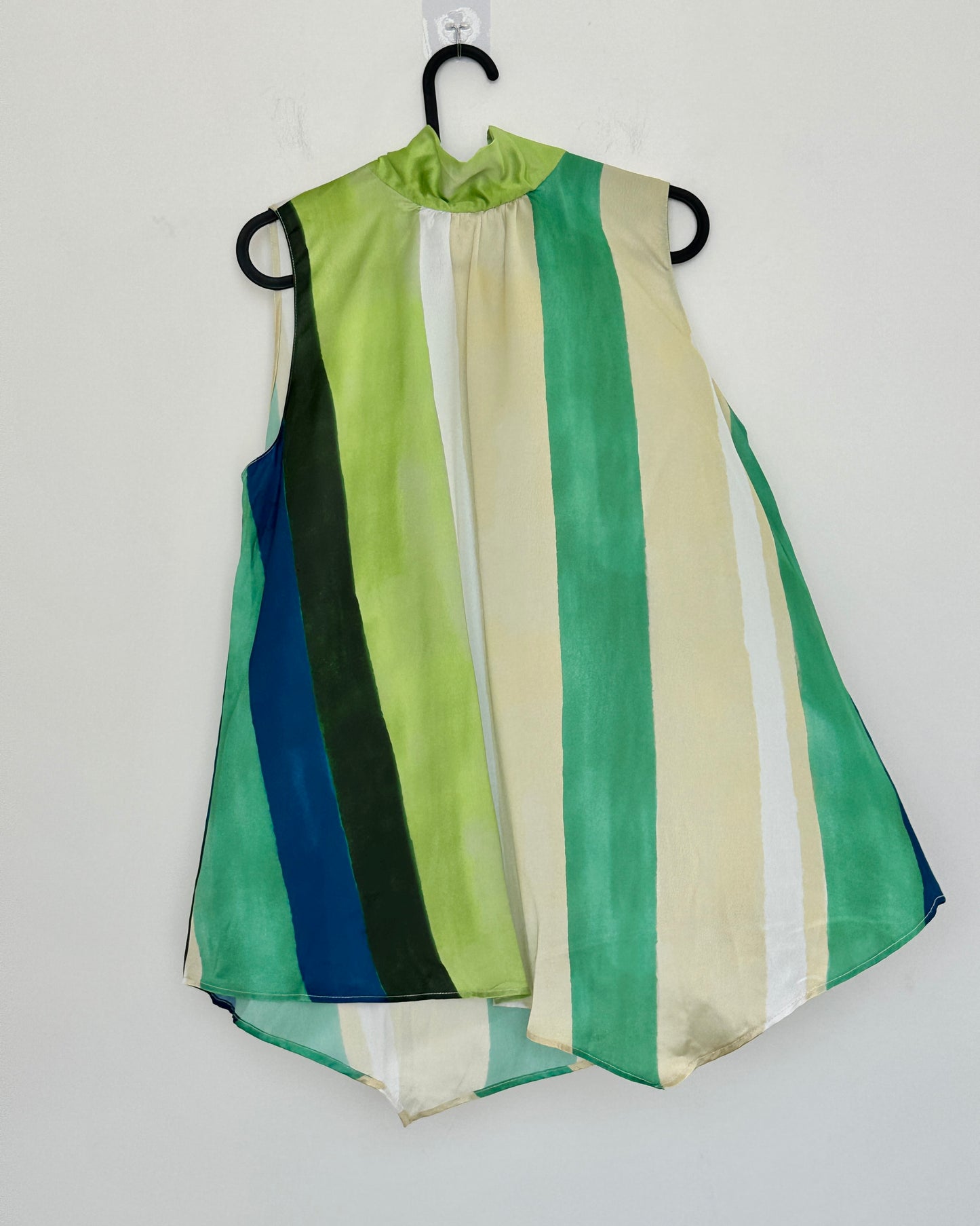High neck printed satin shirt with green stripes