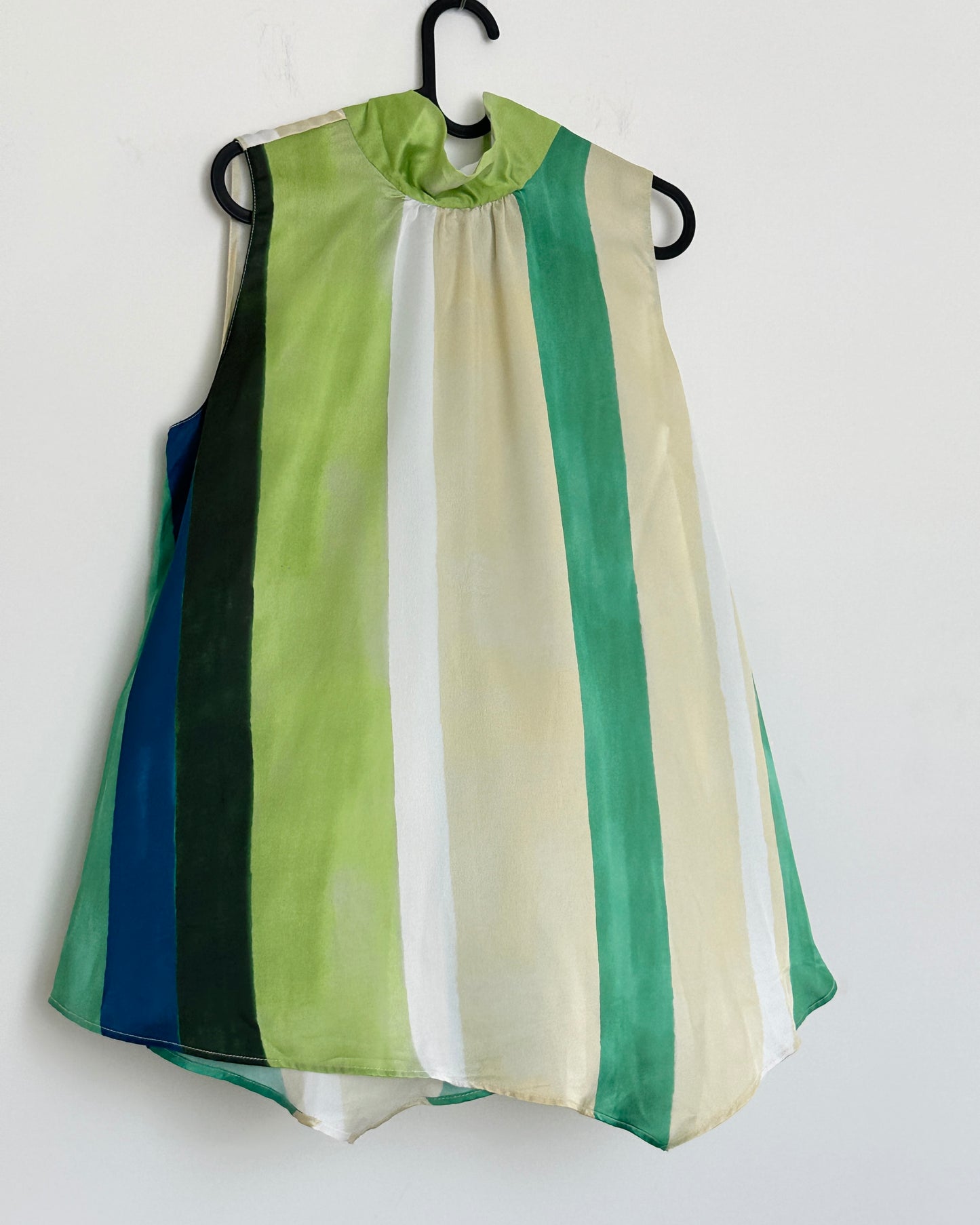 High neck printed satin shirt with green stripes