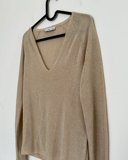 V neck gold metallic sweatshirt