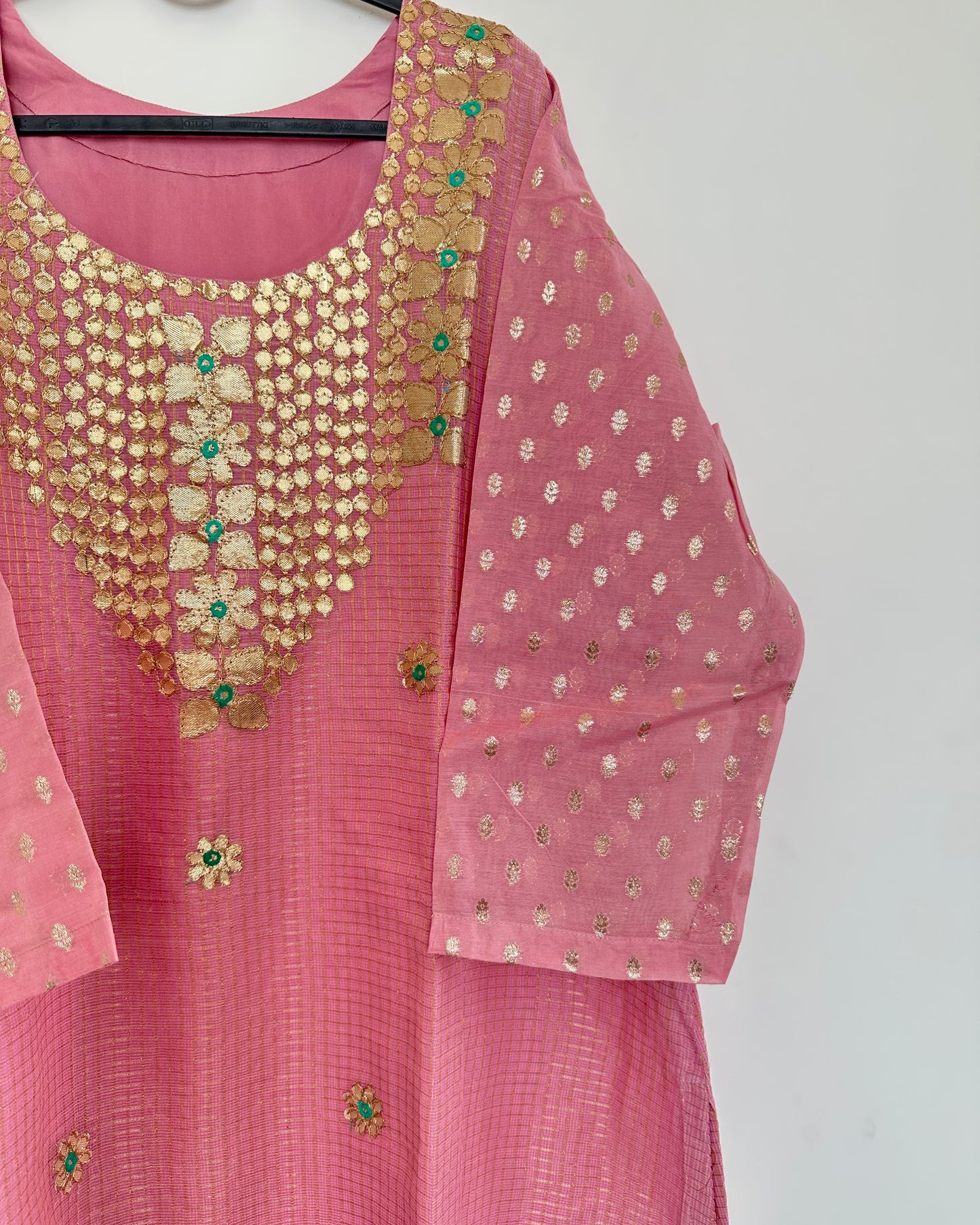 Pink and sea green kota doria ethnic lehenga set (3 pcs)