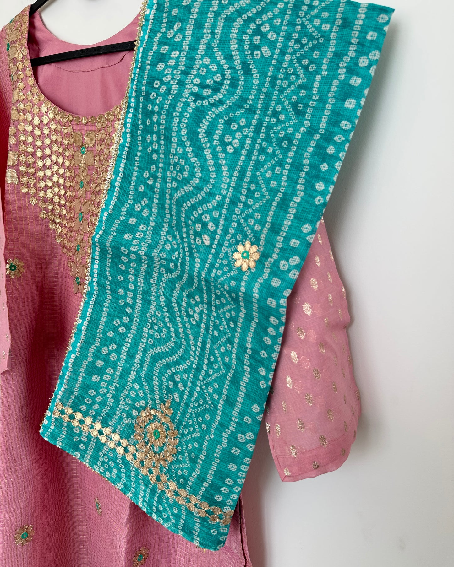 Pink and sea green kota doria ethnic lehenga set (3 pcs)